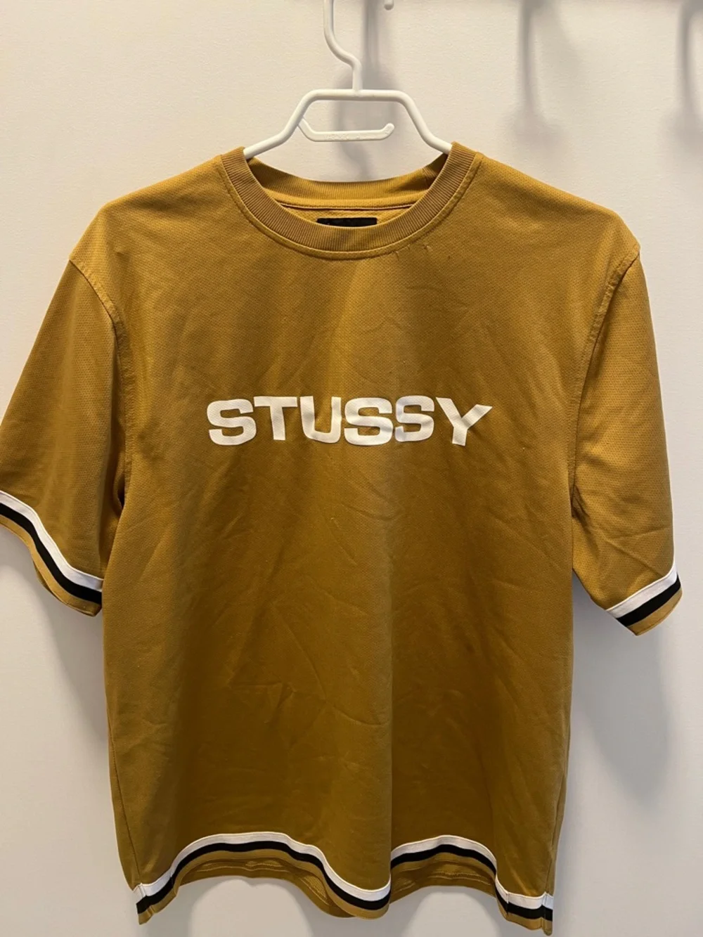 Stussy Mustard Short Sleeve Logo Tee with Black & White Ringer Trim - Picture 6 of 6